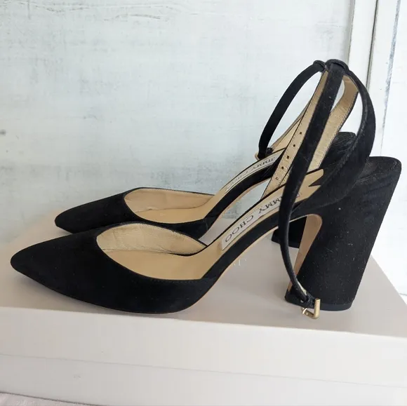 Jimmy Choo Suede Leather Black Heels with Gold Accents