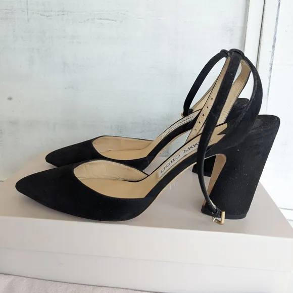 Jimmy Choo Suede Leather Black Heels with Gold Accents