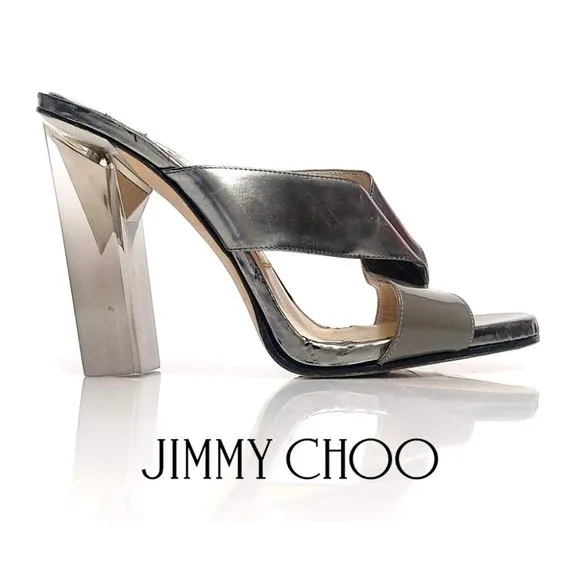 Jimmy Choo Taris Silver Patent Mirror Leather Mules Sandals