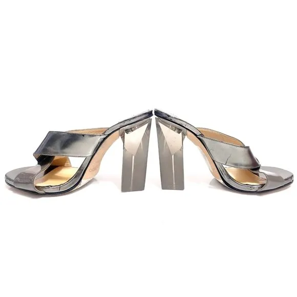Jimmy Choo Taris Silver Patent Mirror Leather Mules Sandals