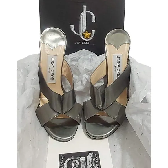 Jimmy Choo Taris Silver Patent Mirror Leather Mules Sandals