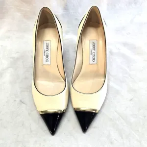 Jimmy Choo Women's 37 Kitten Pumps Cream Black Cap Toe Pointed Low Heels