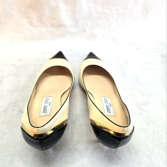 Jimmy Choo Women's 37 Kitten Pumps Cream Black Cap Toe Pointed Low Heels