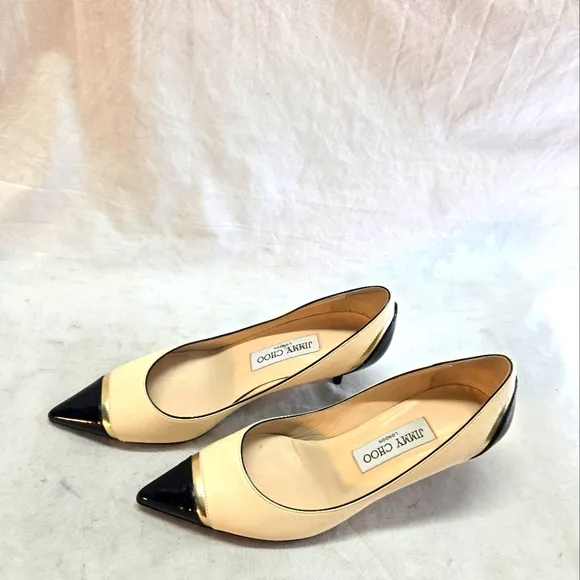Jimmy Choo Women's 37 Kitten Pumps Cream Black Cap Toe Pointed Low Heels