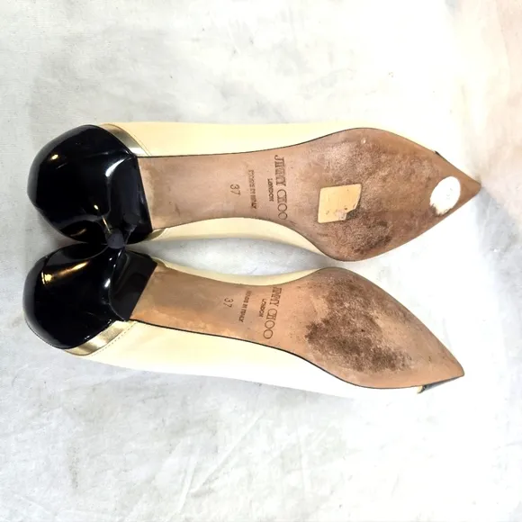 Jimmy Choo Women's 37 Kitten Pumps Cream Black Cap Toe Pointed Low Heels