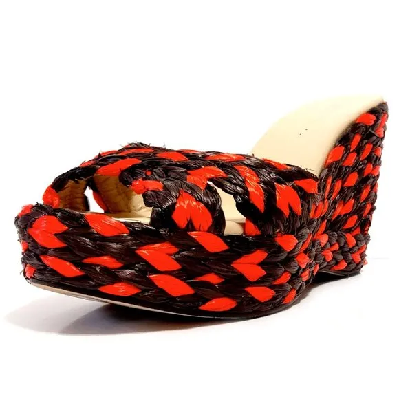 Jimmy Choo Woven Raffia Orange Mahoganey Wedge Mules