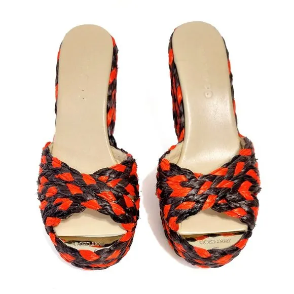 Jimmy Choo Woven Raffia Orange Mahoganey Wedge Mules
