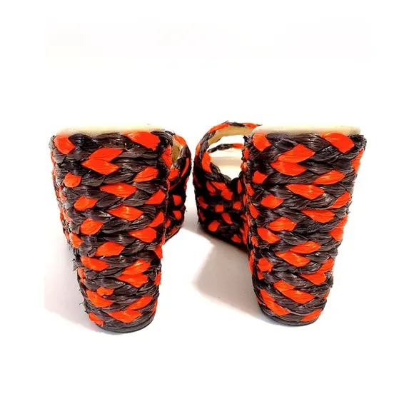 Jimmy Choo Woven Raffia Orange Mahoganey Wedge Mules