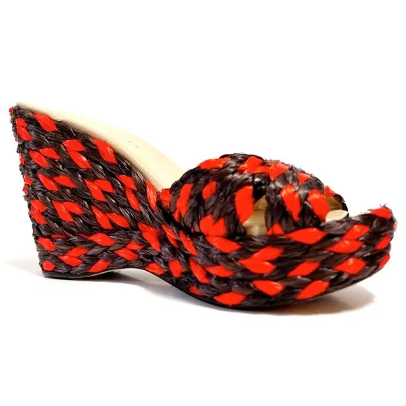 Jimmy Choo Woven Raffia Orange Mahoganey Wedge Mules