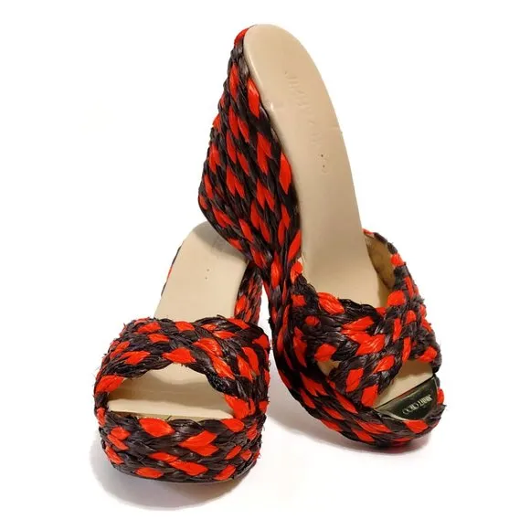 Jimmy Choo Woven Raffia Orange Mahoganey Wedge Mules