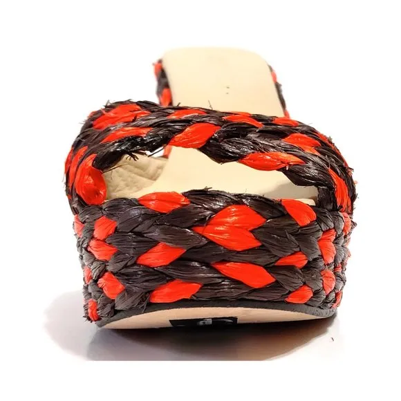 Jimmy Choo Woven Raffia Orange Mahoganey Wedge Mules