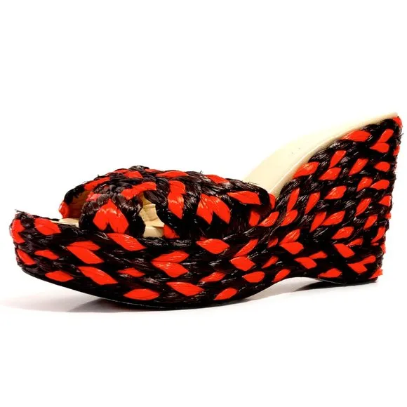 Jimmy Choo Woven Raffia Orange Mahoganey Wedge Mules