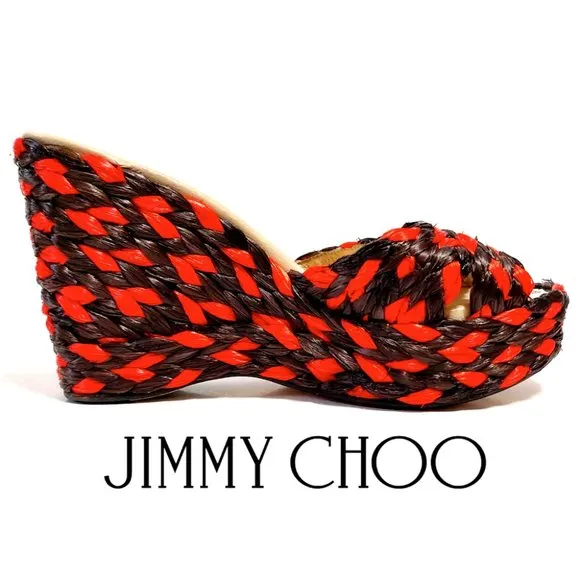 Jimmy Choo Woven Raffia Orange Mahoganey Wedge Mules