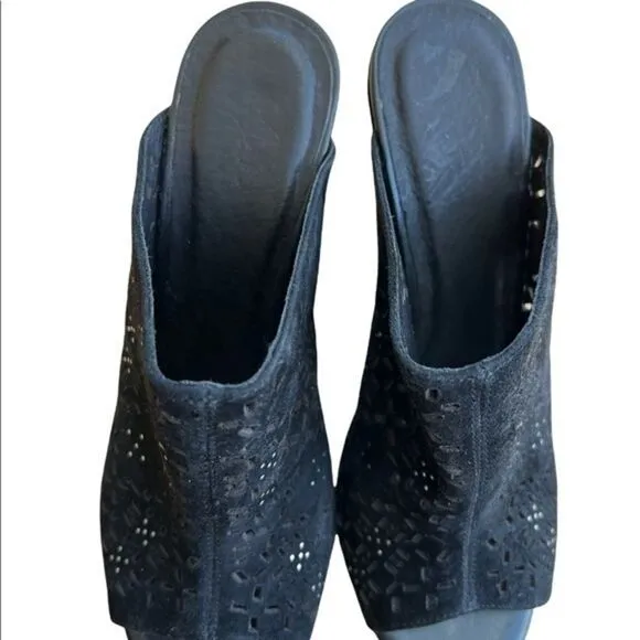 Joie • Kellie Perforated Wedge Mules Black suede embellished size 6.