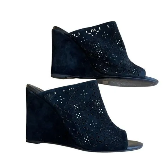 Joie • Kellie Perforated Wedge Mules Black suede embellished size 6.