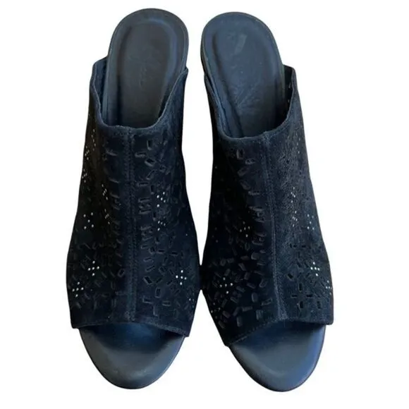 Joie • Kellie Perforated Wedge Mules Black suede embellished size 6.