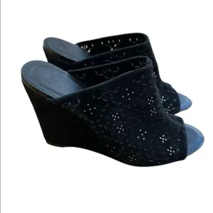 Joie • Kellie Perforated Wedge Mules Black suede embellished size 6.