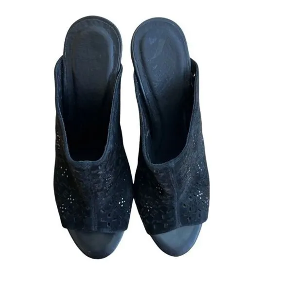 Joie • Kellie Perforated Wedge Mules Black suede embellished size 6.
