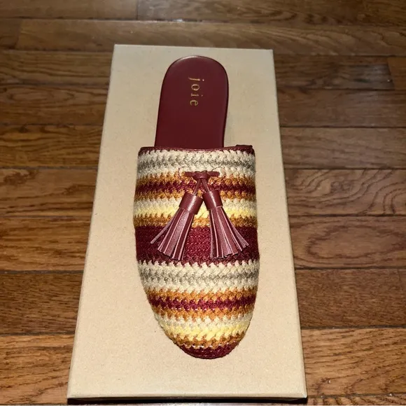 Joie Luciee Tassels Mules Dark Red &amp; Yellow Stripes Women’s Size 5.5