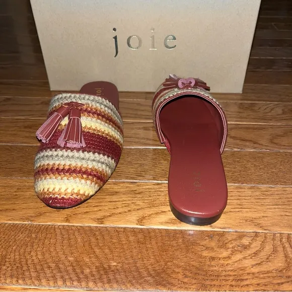 Joie Luciee Tassels Mules Dark Red &amp; Yellow Stripes Women’s Size 5.5