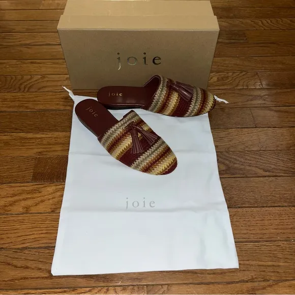 Joie Luciee Tassels Mules Dark Red &amp; Yellow Stripes Women’s Size 5.5