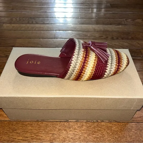 Joie Luciee Tassels Mules Dark Red &amp; Yellow Stripes Women’s Size 5.5