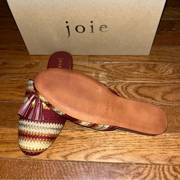 Joie Luciee Tassels Mules Dark Red &amp; Yellow Stripes Women’s Size 5.5