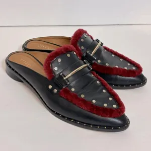 Joie Taran Black Leather Stud Red Shearling Loafer Mules 38/8