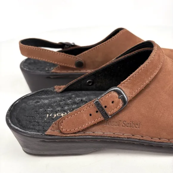 JOSEF SEIBEL | Annika Leather Slingback Air Massage Clogs in Brown | Sz 7.5-8