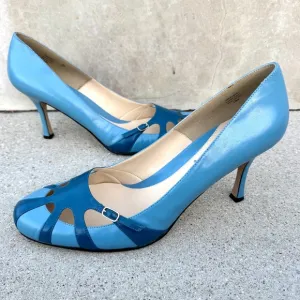 J.RENEE melody BLUE leather pumps retro HEELS caged strappy UNIQUE colorblock 13