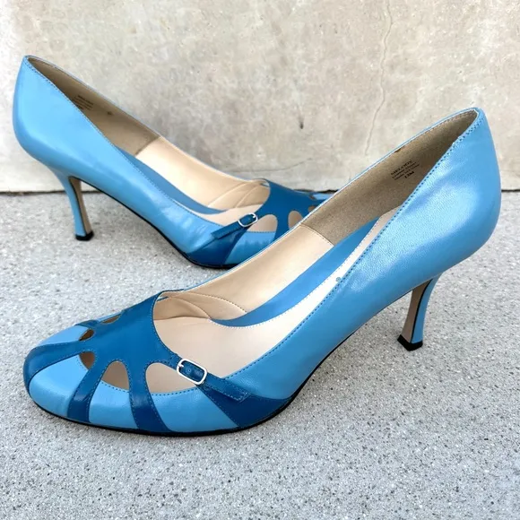 J.RENEE melody BLUE leather pumps retro HEELS caged strappy UNIQUE colorblock 13