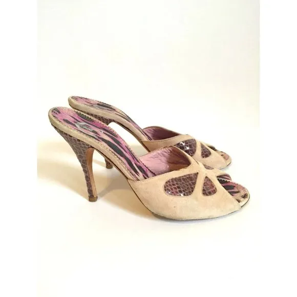 Just Cavalli Women's Shoes Pink Beige Mule Heels Snakeskin High Size IT 39 US 9