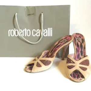Just Cavalli Women's Shoes Pink Beige Mule Heels Snakeskin High Size IT 39 US 9