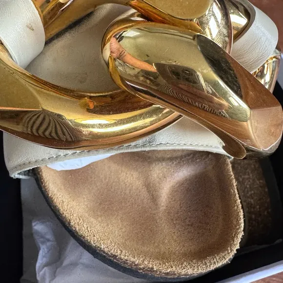 JW ANDERSON CHUNKY Gold Chain Leather Slides Beige Size 8