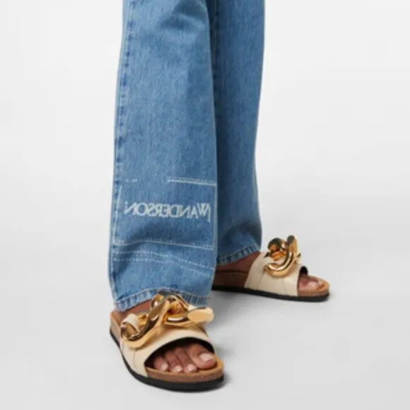 JW ANDERSON CHUNKY Gold Chain Leather Slides Beige Size 8