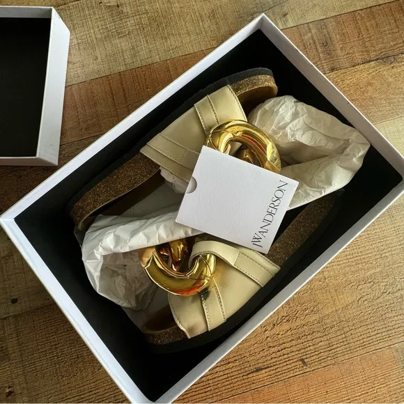 JW ANDERSON CHUNKY Gold Chain Leather Slides Beige Size 8