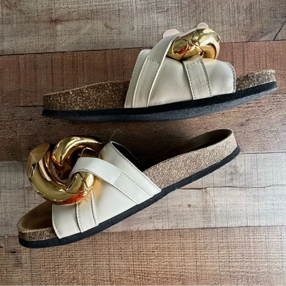 JW ANDERSON CHUNKY Gold Chain Leather Slides Beige Size 8