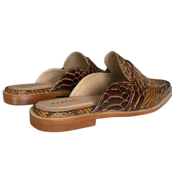 Kaanas Shoes Womens 10 Brown Samara Snake Print Leather Square Toe Flats Mules