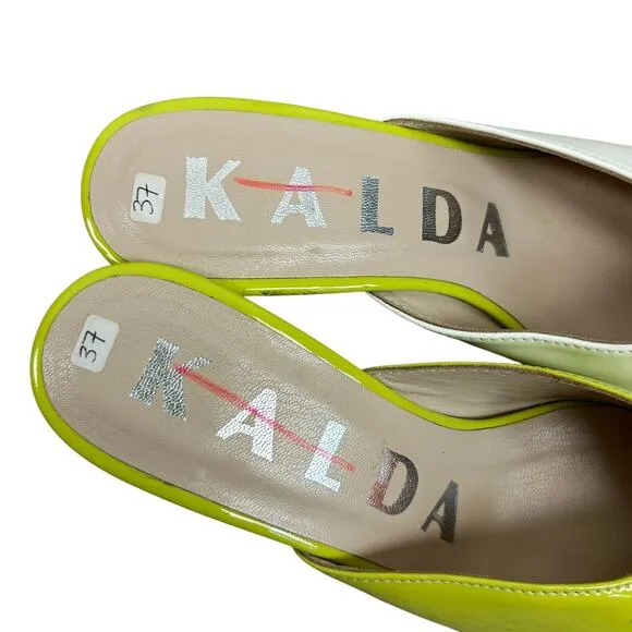 Kalada 2.75&quot; Bicolor Patent Leather Square Toe Mules Green White 37 7