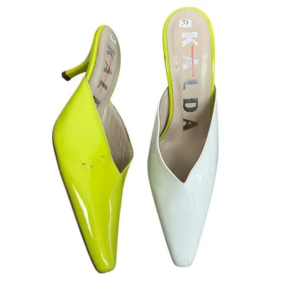 Kalada 2.75&quot; Bicolor Patent Leather Square Toe Mules Green White 37 7