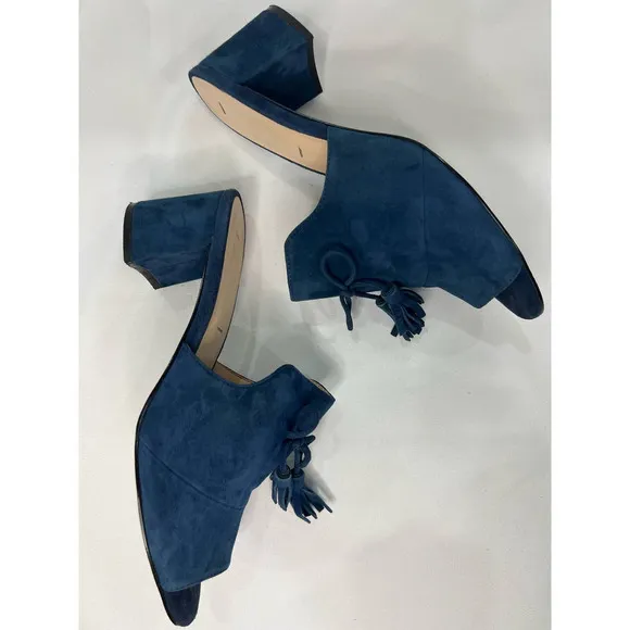 KARL LAGERFELD Designer Mules Slip On Holly Chunk Heel Suede Tassel Size 10