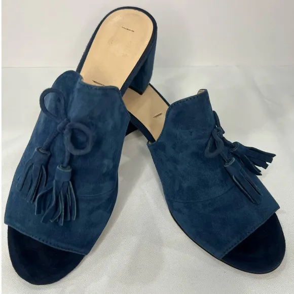 KARL LAGERFELD Designer Mules Slip On Holly Chunk Heel Suede Tassel Size 10