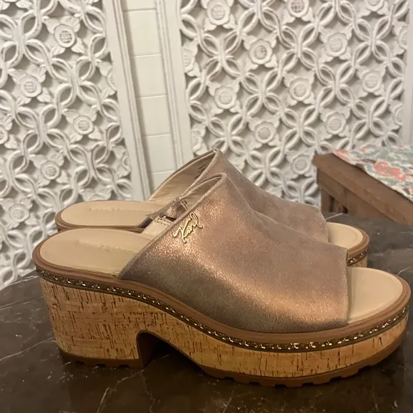Karl Lagerfeld Gold and Silver Mules with Chunky Cork Sole
