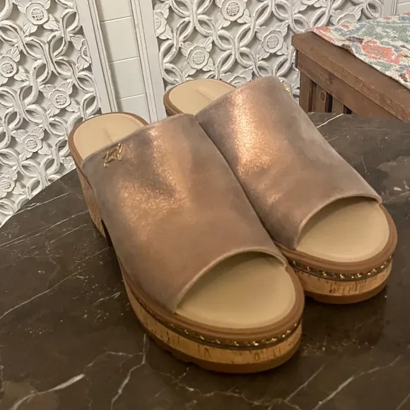 Karl Lagerfeld Gold and Silver Mules with Chunky Cork Sole