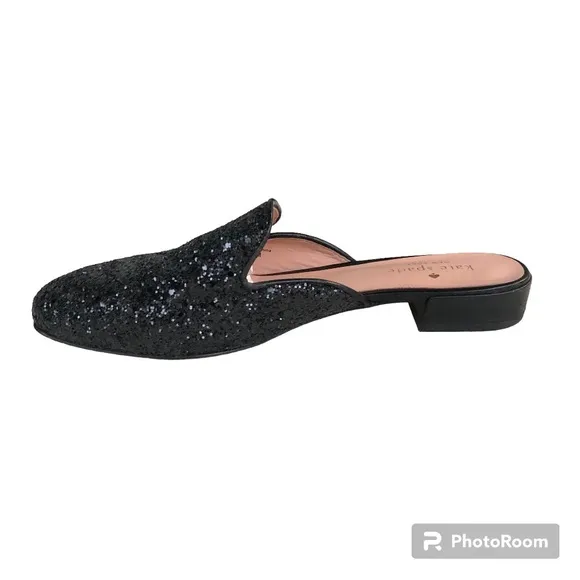 Kate Spade Black Glitter Leather Trimmed Mules Slides Women’s