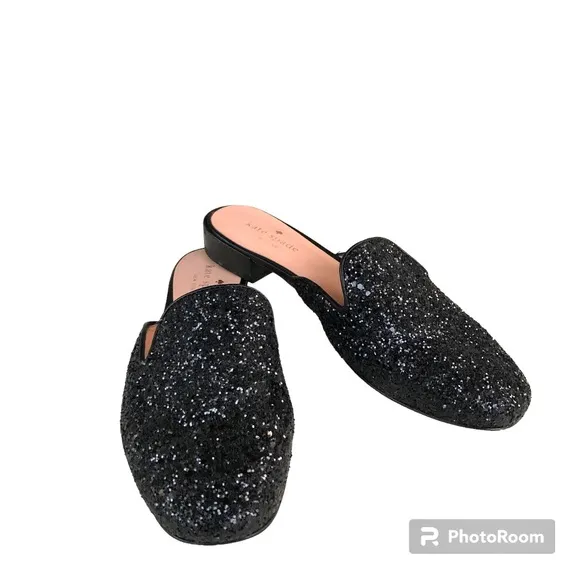 Kate Spade Black Glitter Leather Trimmed Mules Slides Women’s