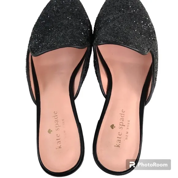 Kate Spade Black Glitter Leather Trimmed Mules Slides Women’s