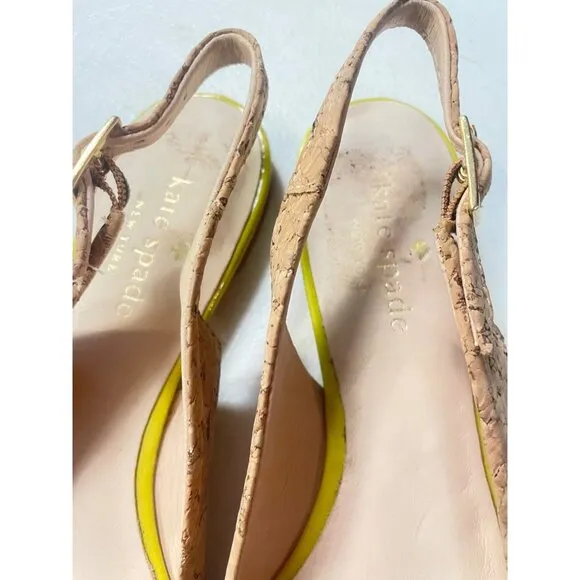 Kate Spade Ginny Cork neon yellow toe signature bow slingback mules 6 M