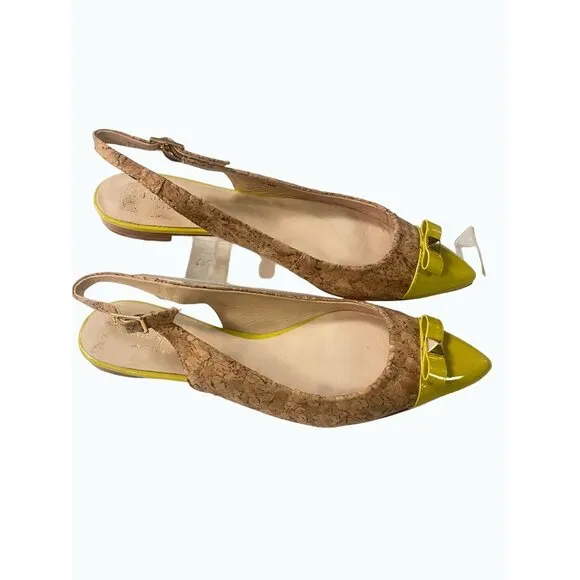Kate Spade Ginny Cork neon yellow toe signature bow slingback mules 6 M