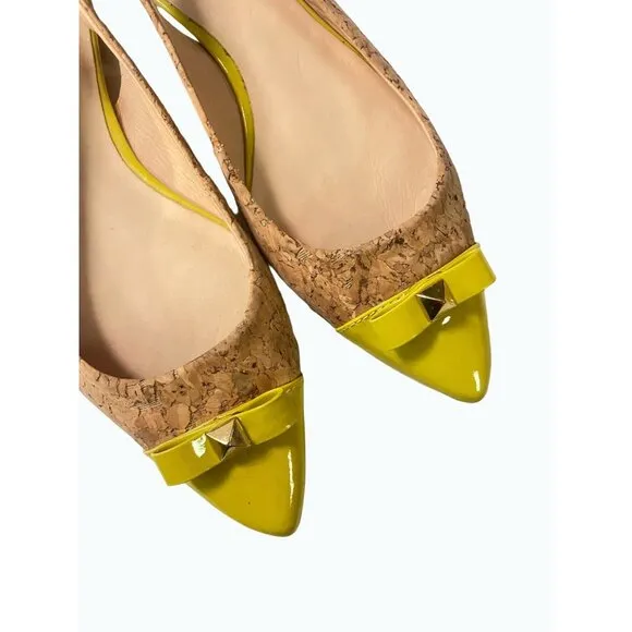 Kate Spade Ginny Cork neon yellow toe signature bow slingback mules 6 M